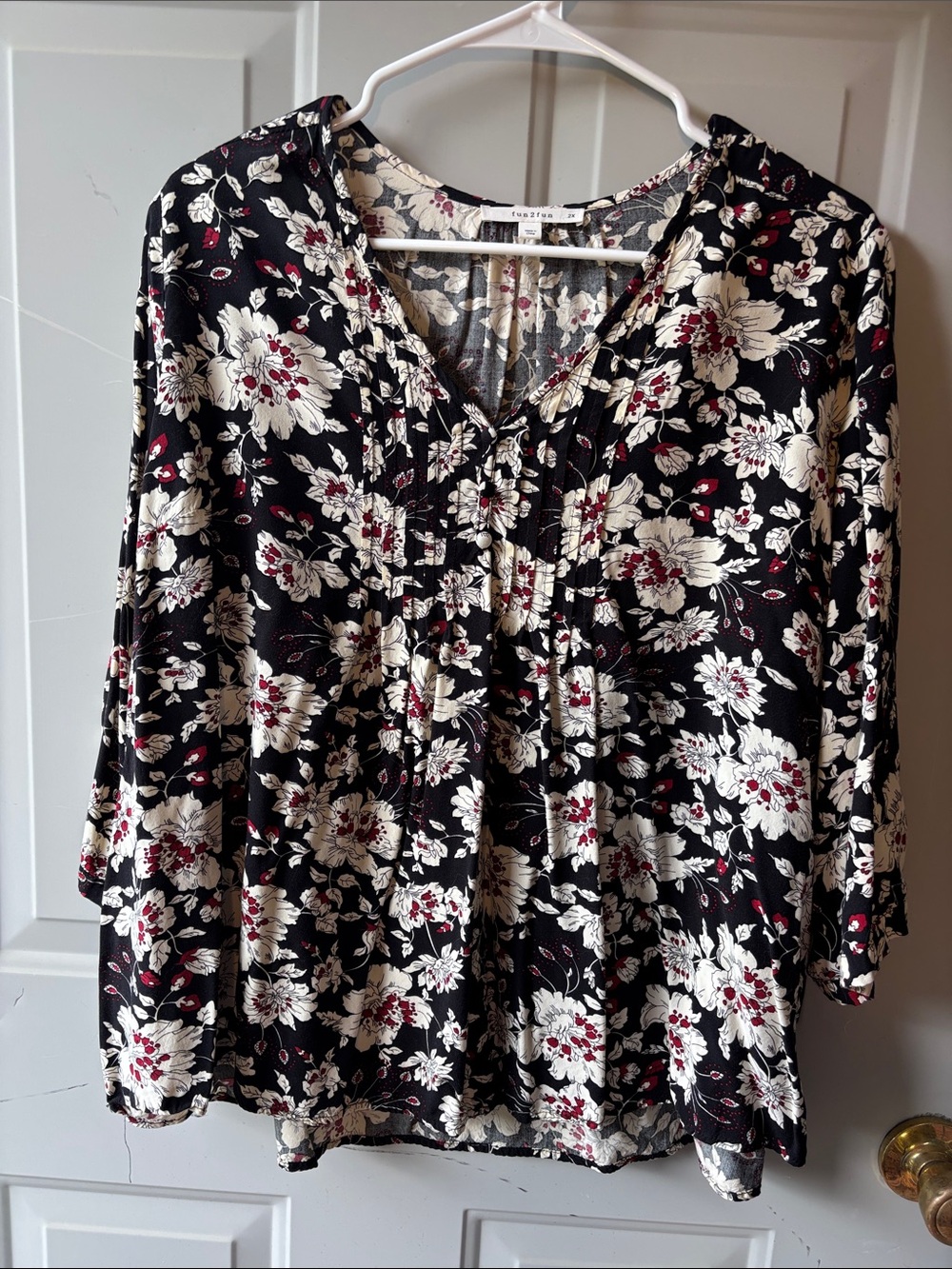 fun 2 fun Black Floral V-Neck Pintuck Tunic with Cream and Red Accents